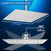 Fossa 12"X12" Inch Rain Shower - Square High Pressure Shower Head Made of 304 Stainless Steel Chrome Finish (With Arm Set 24" Inch) - Fossa Home